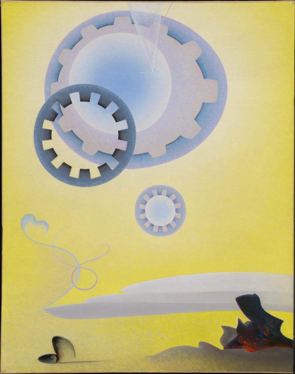 Painting of periwinkle gear-like circles above a white cloud and abstract mountain shapes below. Shapes silhouetted by chartreuse background