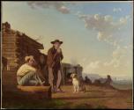 Painting of three figures and a dog outside a log cabin, looking out. Expansive, semi-cloudy sky above. Landscape behind