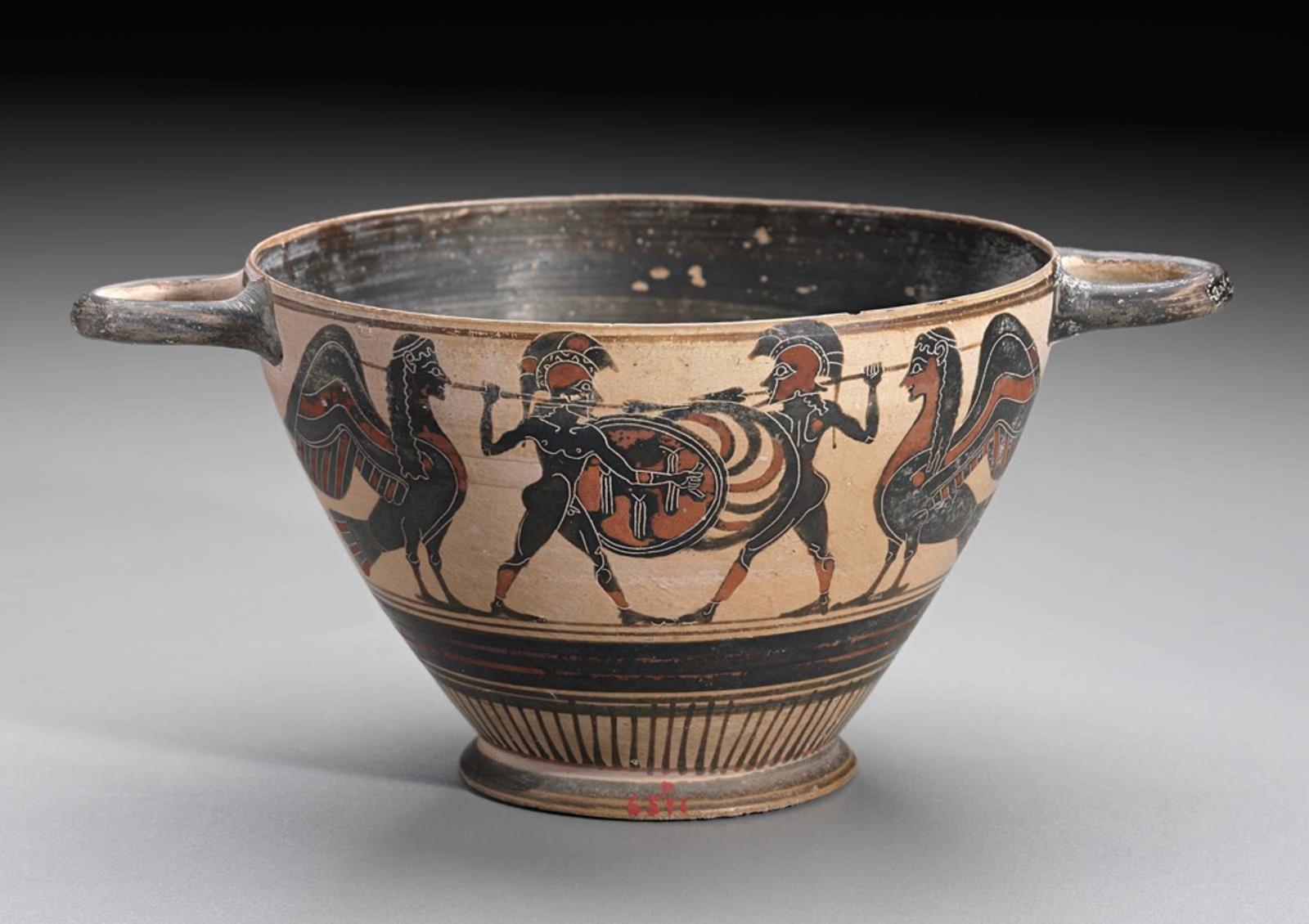 Drinking cup (skyphos) with warriors dueling