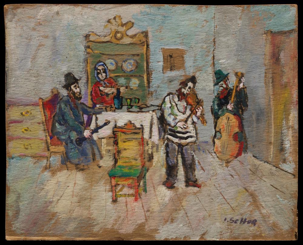 Painting of an interior; 2 people around a dining table. One sits at table with wind instrument. Two more figures stand at right; play violin and double bass