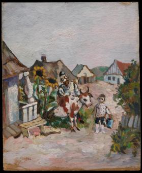 Painting of a street scene in muted colors; child in foreground looks up at a man and horned cow. Tall sunflowers and houses with pitched roofs behind