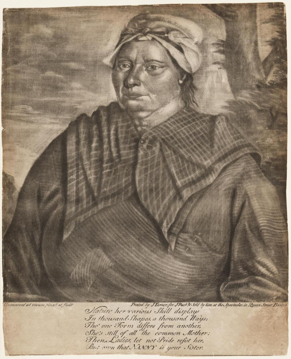 Mezzotint showing a woman in a cloth headwrap and plain overgarment. Abolitionist text verse underneath