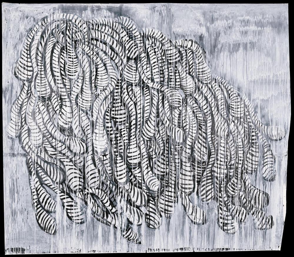 Painting of many bulbous, black-and-white striped forms. Shapes fill the canvas. White lines of paint vertically cross the painting