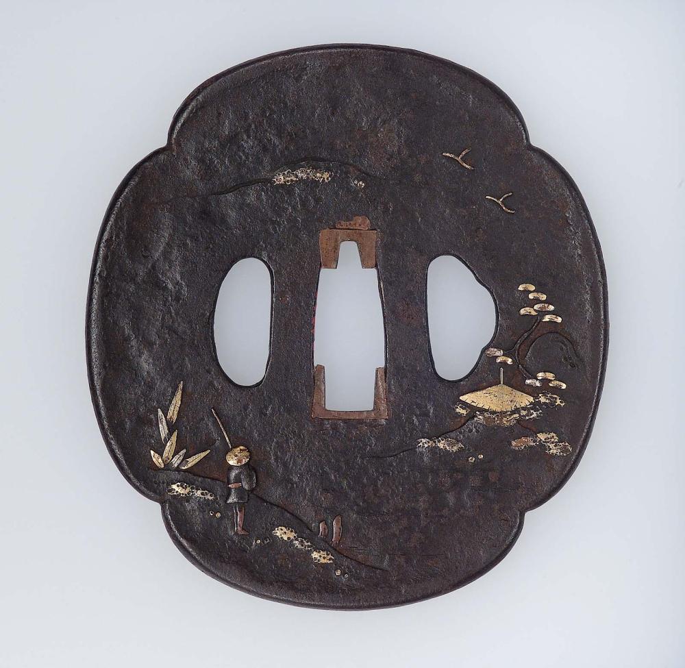 Tsuba With Design Of Landscape With A Fisherman Rustic Dwelling And Birds Works Museum Of