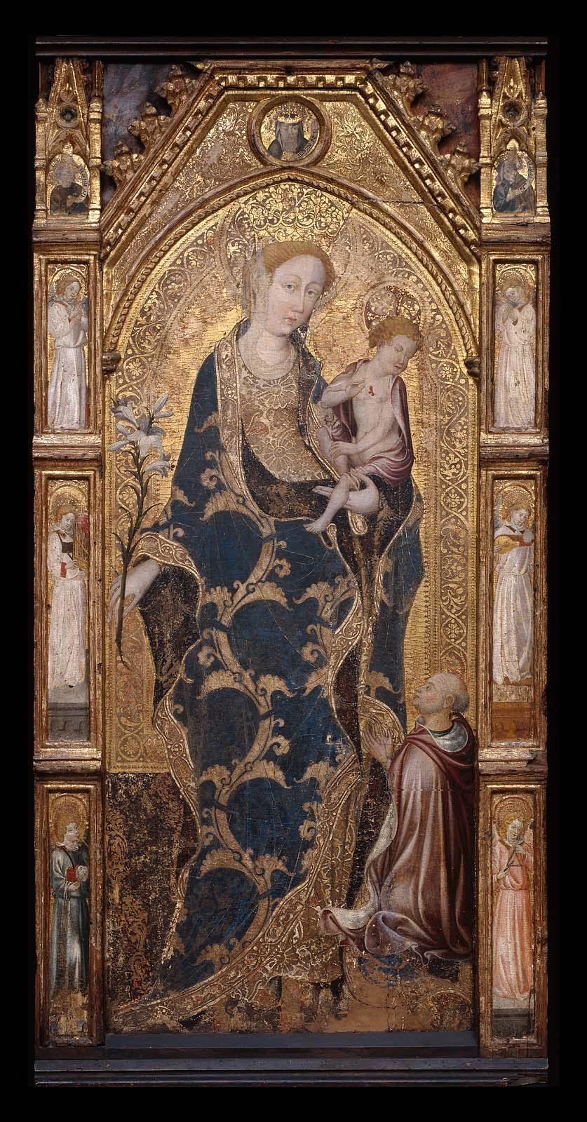 Painting in an architectural frame of Mary and Christ enthroned with smaller figures at sides. Covered in gold decoration