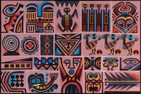 Painting of pictographs arranged in a grid over a light pink background. The symbols cover the canvas’s surface